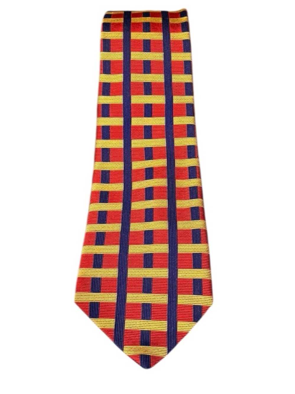 Bullock & Jones Silk Necktie Made England Red Gold Navy Geometric Grid